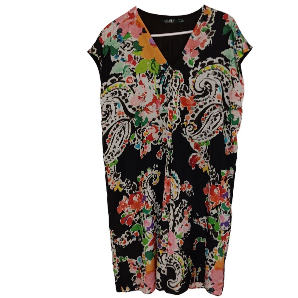 Lauren Ralph Lauren Womens 12 Dress Black Colorful Floral‎ Paisley V Neck Shift